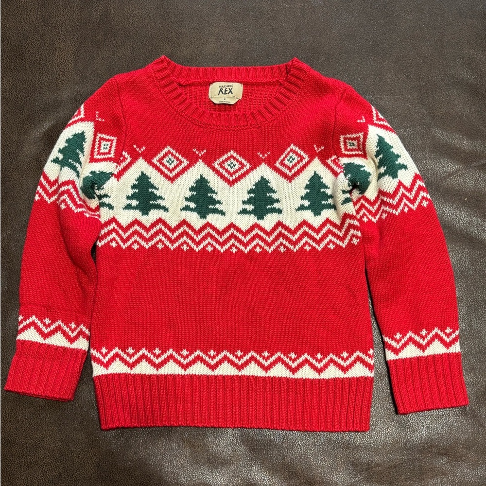 Maximus Rex Boy’s Red Holiday Sweater with Tree Pattern
